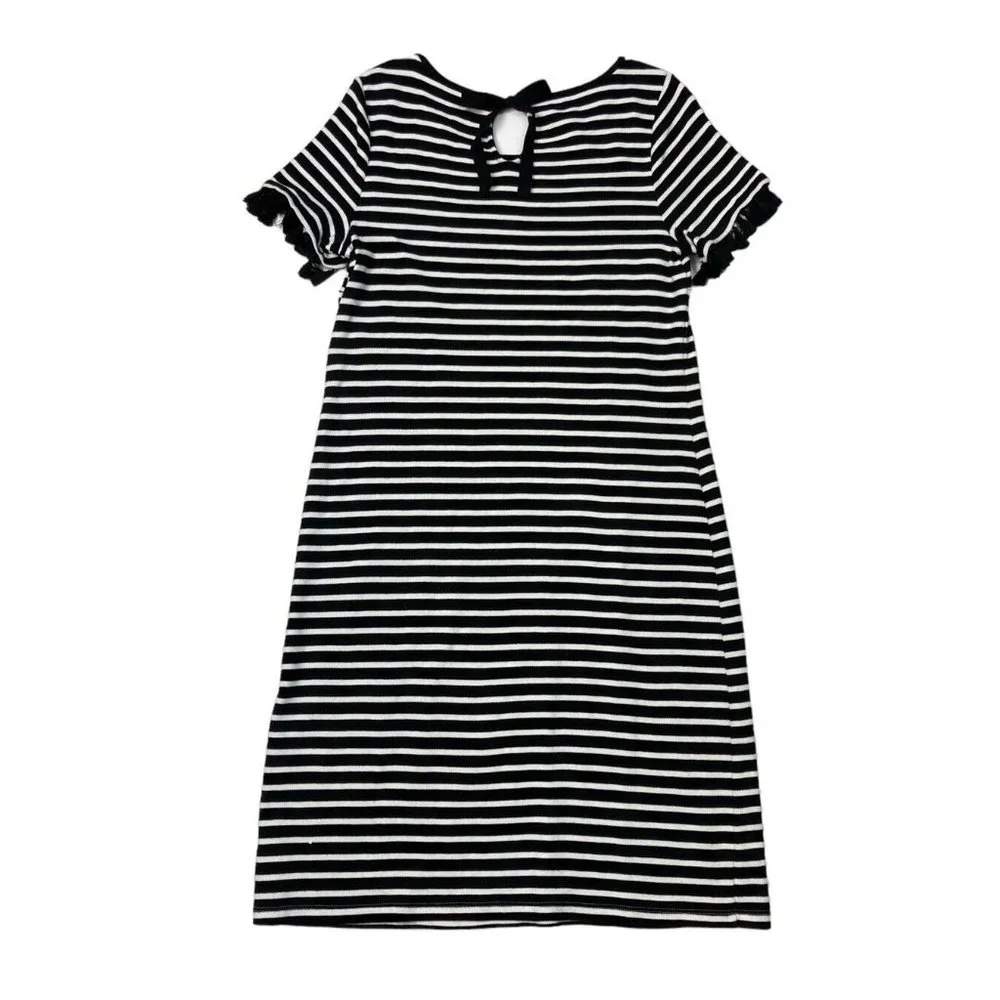 *Talbots Striped Tassle Short Sleeve Dress Womens Med Black White Tie Keyhole